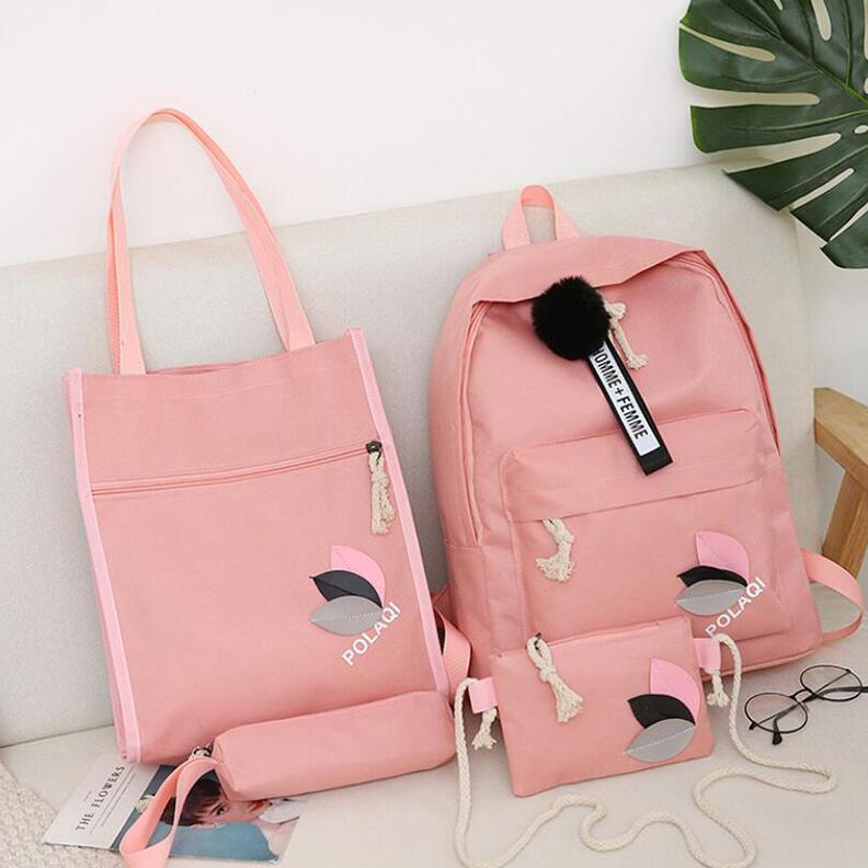 Yogodlns 4 pièces/ensemble lettre et feuilles Mochila toile sac à dos voyage sacs à dos loisirs sacs à dos pour adolescentes école sac à dos: Pink