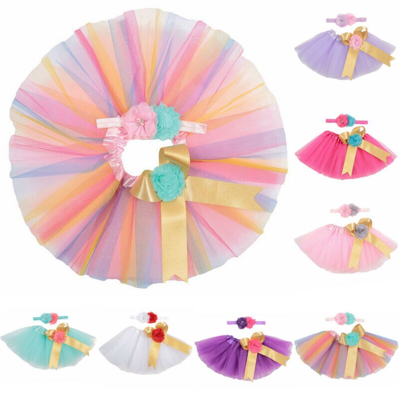 Newest Toddler Newborn Kids Baby Girl Mesh Tutu Bow A-Line Skirt & Flower Headband Photo Prop Costume Outfit