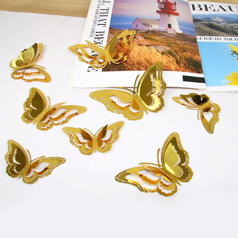 LIQWEI 96 stuks 3D gouden vlinders, decoratie, vlinders, wandtattoo, afneembare vlinders, muurstickers voor meisjes, keuken, raam, meubels, bruiloft