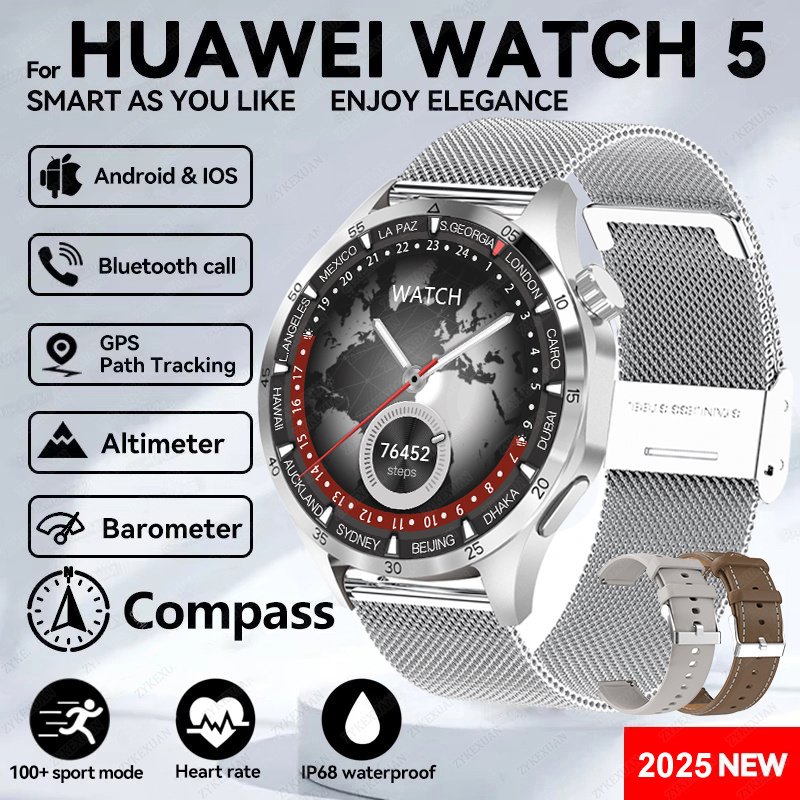 2025 novo para huawei relógio 5 pro relógio inteligente masculino tela amoled nfc gps bússola freqüência cardíaca à prova dwaterproof água bluetooth chamada smartwatch: Dourado