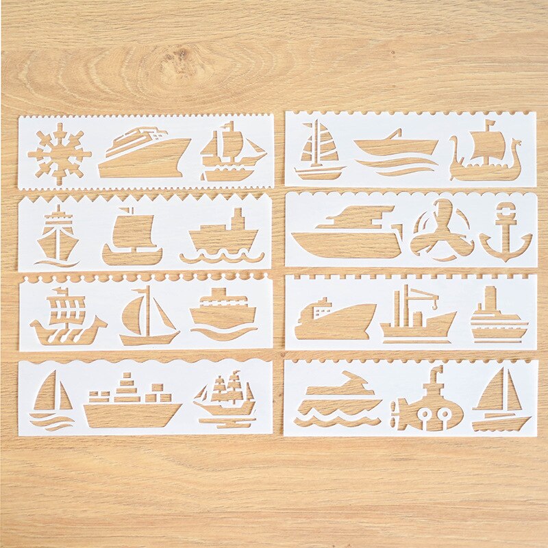 Pochoirs en dentelle à colorier de dessin animé, modèle de dessin animé, de nouvel an pour enfants, feuilles d'animaux et véhicules, alphabet, flocons de neige, 8 pièces/ensemble: Marine vehicle