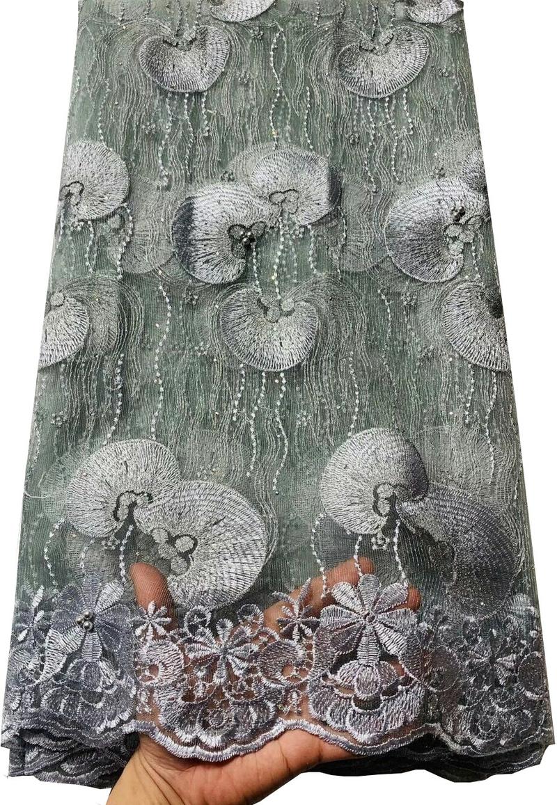 Nigerian Laces Fabrics 2022 Tulle African Laces Stones Fabric Wedding African French Net Lace VLL8569 Grey