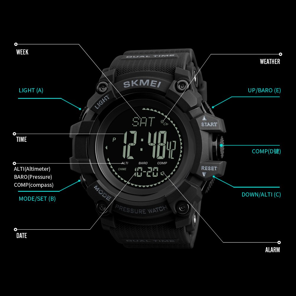 SKMEI Herren Sport Uhren Stunden Schrittzähler Kalorien Digitale Uhr Höhenmesser Barometer Kompass Thermometer nasser Männer Uhr