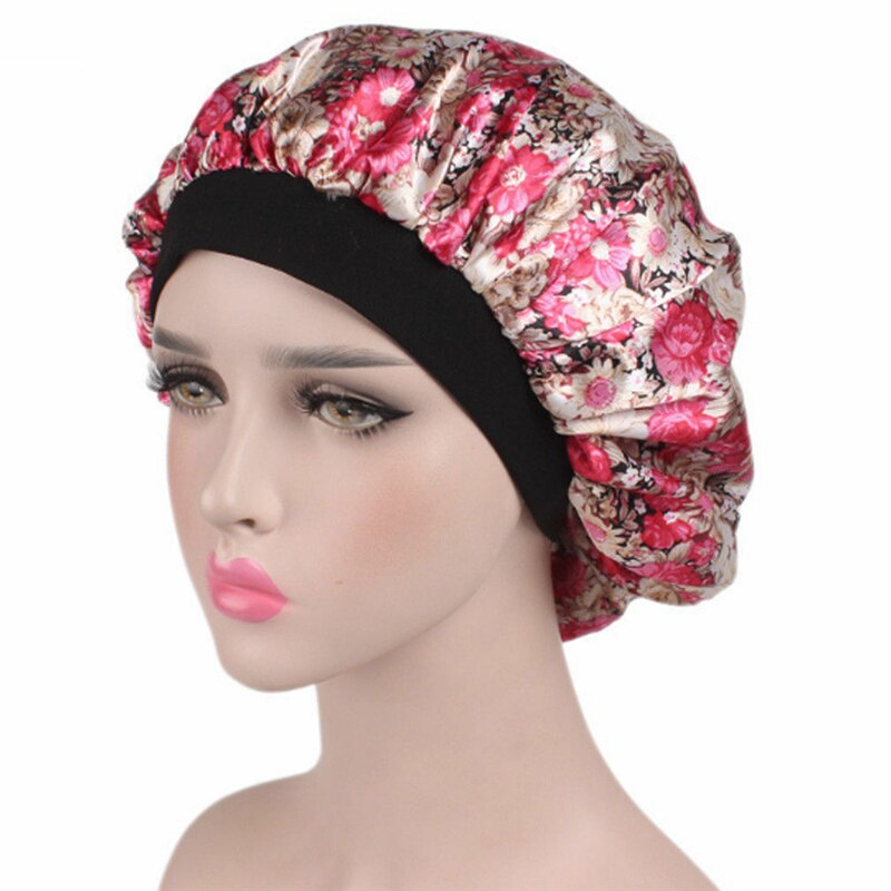 Kvinder satin nat skønhedssalon søvn cap dække hår motorhjelm hat silke hoved bred elastik til krøllet fjedrende kemo cap håndklæde: D