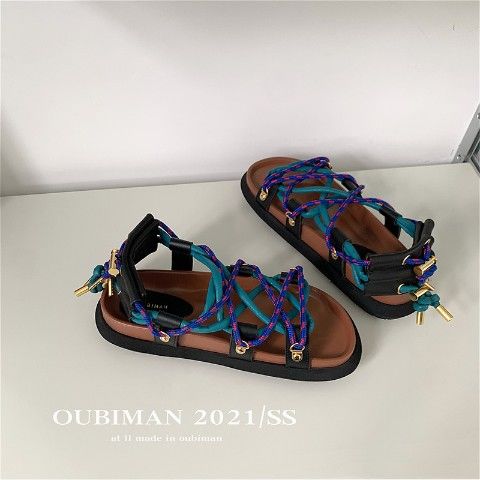 Sandalias romanas de estilo gladiador para mujer, zapatos de playa con cuerda trenzada, Punta abierta, antideslizantes,: Azul / 38