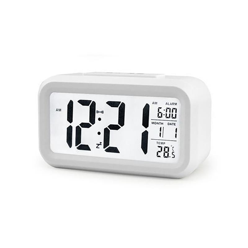 Battery Digital Alarm Clock Large LCD Display Light Sensor Nightlight Multifunction Snooze Kids Office Table Clock: White