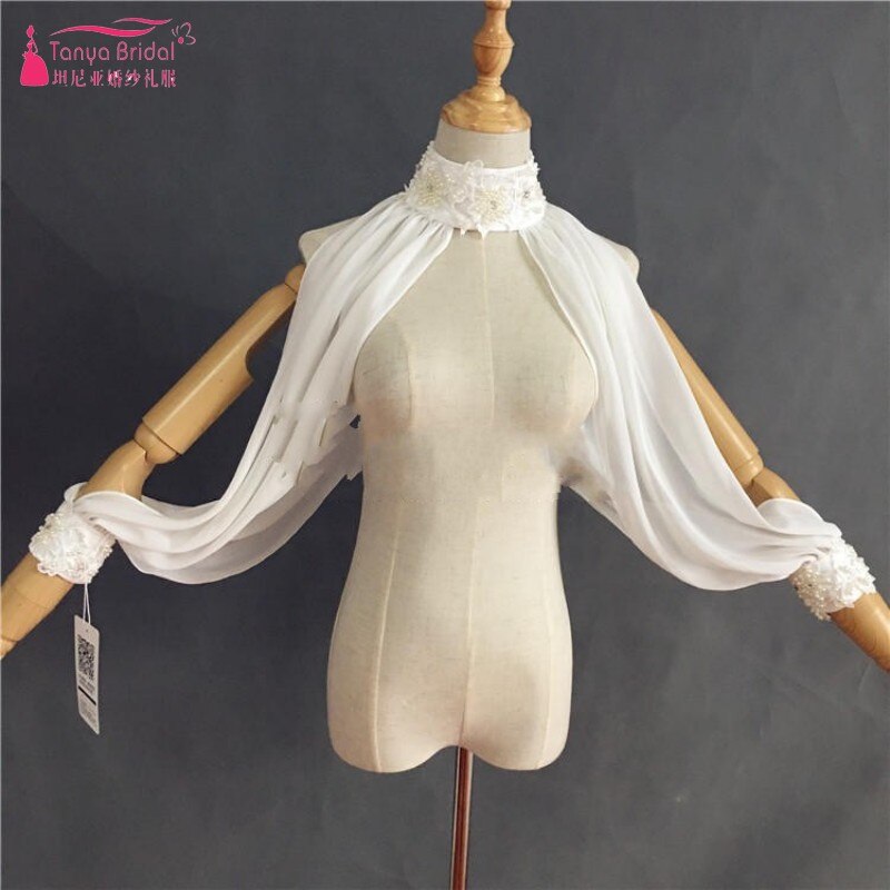 Højhalset chiffon applikation perler jakke bryllup brudesjal lange ærmer bolero jakker til brud dqg 1030