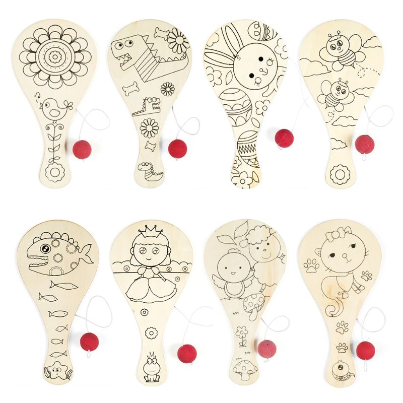 9pcs/set Hand-painted Wooden Racket Ball DIY Craft Cartoon Painting Graffiti Toy R9JD