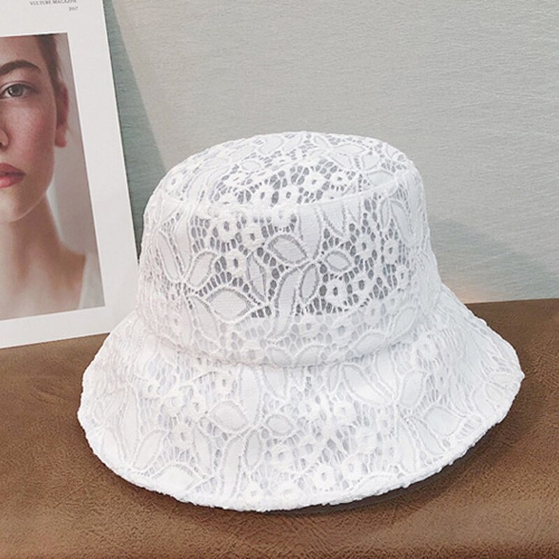 Newly Women Lace Hat Soft Lace Flower Wide Brim Sun Hats Floppy Hollow Fisherman Hats Bucket Hat: White C