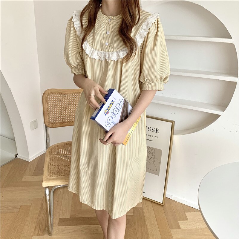 Alien Kitty Sweet Princess Comfortable Chic Casual Homewear Lace Summer Sleepwear Striped Dress Pajamas Loose Nightdress