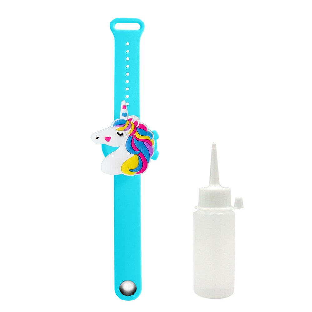 Portátil niños pulsera de mano dispensador de dinosaurio, unicornio desinfectante de manos Gel de pulsera mano apoyo muñeca desinfectante pulsera: blue unicorn