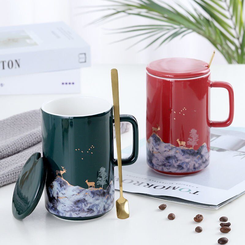Luxury European Style Ceramic Cup Mug Coffee Cup Home Office with Cover and Spoon Couple Pair Cup Year