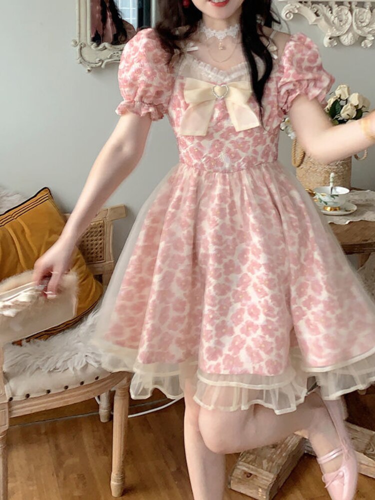 HOUZHOU Pink Floral Dress Women Sweet Cute Bow Mesh Patchwork Fairy Dresses Princess 2022 Summer Kawaii Streetwear