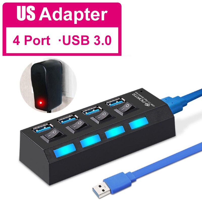 YTOM HUB USB 3,0 de 2,0 HUB Splitter USB Multi 4/7 expansor de Puerto múltiples USB 3 Hab uso adaptador de alimentación de USB3.0 con interruptor para PC: 4 port 3.0 with US