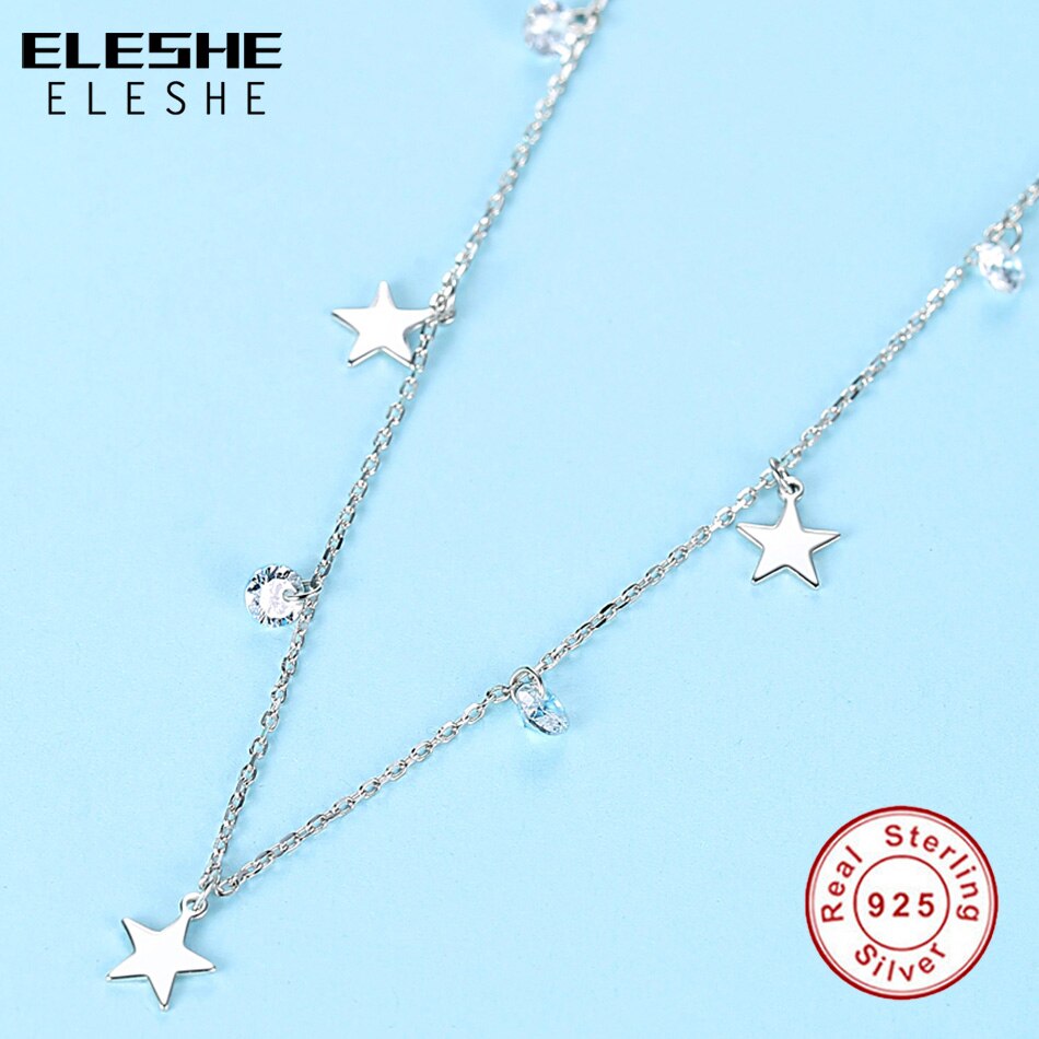 ELESHE Echt 925 Sterling Silber blendend kubisch Zirkon Runde & Stern Anhänger Halsketten für Frauen Halsband Halskette Silber Schmuck