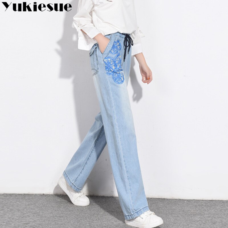 Jean denim imprimé Floral pour femme, pantalon ample, taille haute, jambes larges