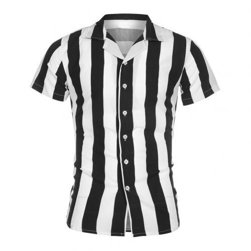 Casual heren turn down kraag korte mouw verticale strepen knoop slim overhemd casual overhemd makkelijk te combineren perfect: Zwart / M
