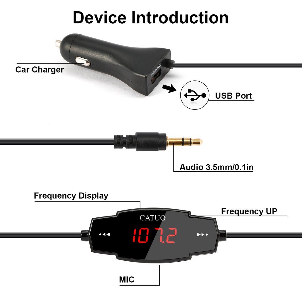 Catuo fm-transmitter-autoradio-modulator mit 3.5mm aux-anschlüssen und 5v/2.4a usb-autoladegeräten, einfach zu bedienen, schwarz