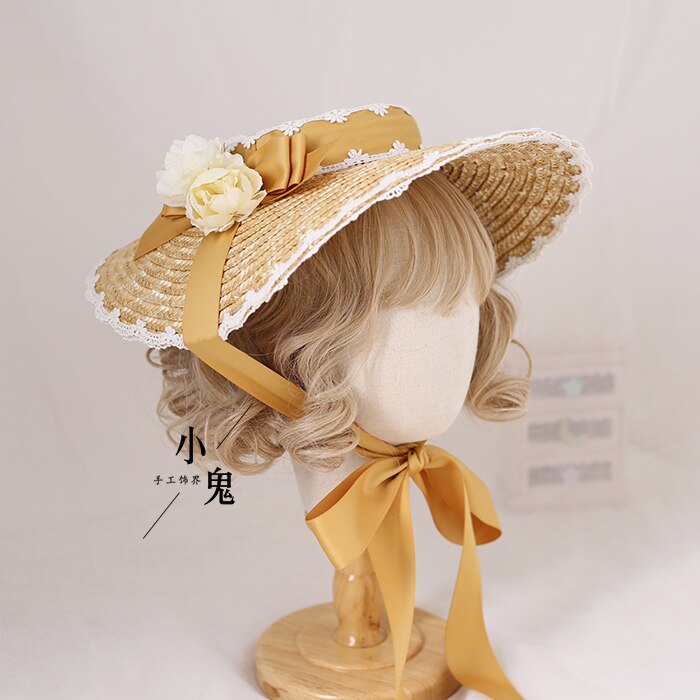 Sombrero de paja de flor con lazo bonito de Lolita, tocado para niñas, sombrilla plana, sombrero plano, adornos para el cabello hechos a mano, Cosplay: turmeric