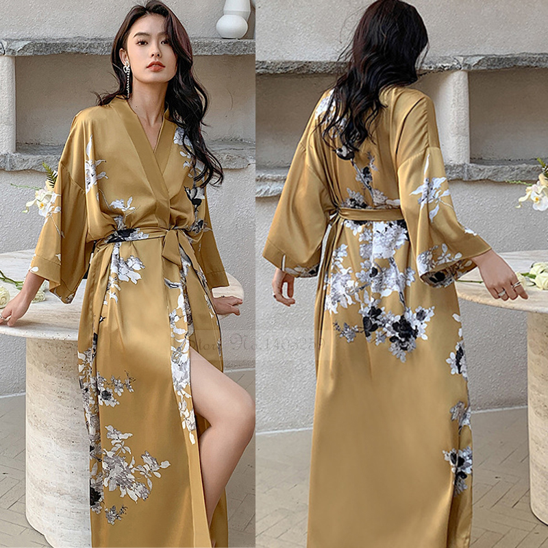 Albornoz tipo kimono largo con estampado de flores para mujer, bata de boda Sexy de media manga, camisón de rayón para primavera y verano, vestido para casa, ropa de dormir: Azul