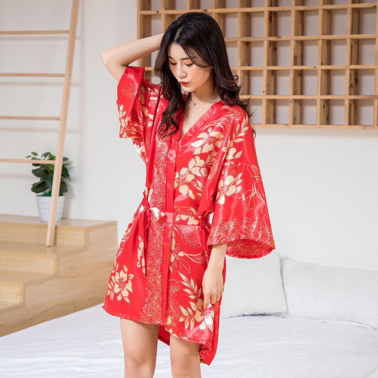 Japanse Traditionele Kleding Voor Paar Vrouwen Mannen Aziatische Gouden Gedrukt Kimono Vest Mode Nachtkleding Pyjama Yukata Gewaad: Women1