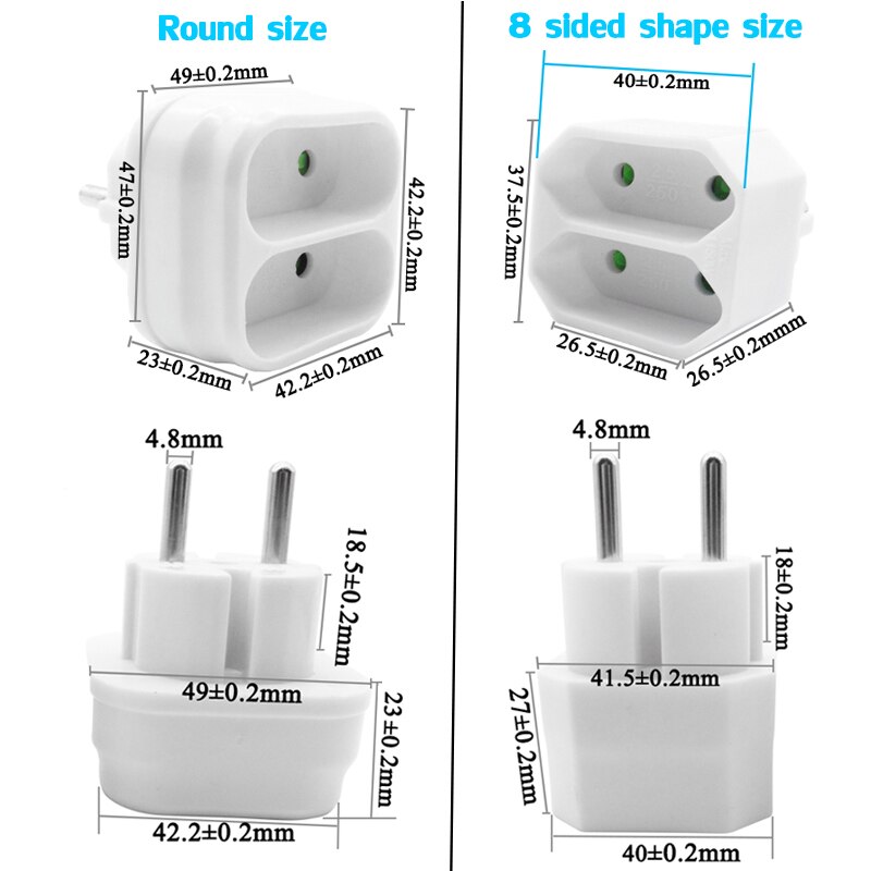 Eu stekker 4.8mm stekker  to 4.0mm jack stroomadapter stekker 16a 250v witte reisstekker adapter converter 1 to 2 stopcontacten ronde voetjes