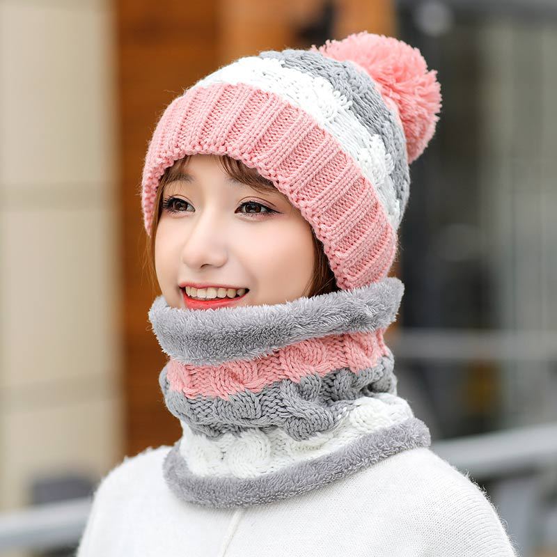 Gorro de invierno tejido, conjunto de bufanda para mujer, Gorro con pompón, conjunto de gorro y bufanda para mujer, accesorios de invierno cálidos y gruesos: pink