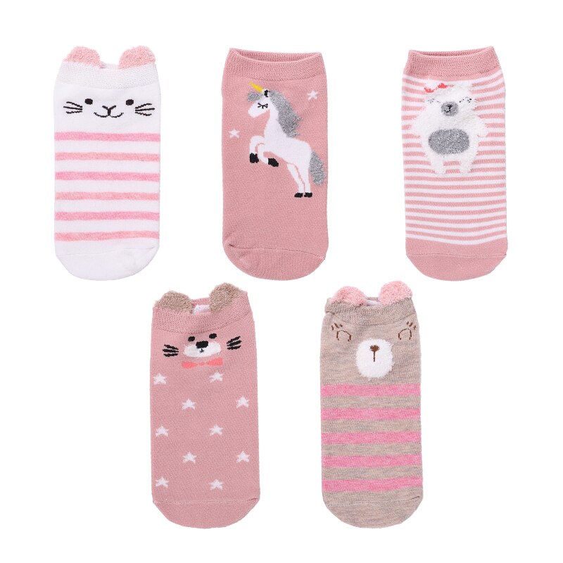 5 Pairs Lot Cotton Women Socks Female Casual Boat 3D Pack Cartoon Harajuku Cat Cute Heart Invisiable Funny Girl Ankle Sock Set: type 5