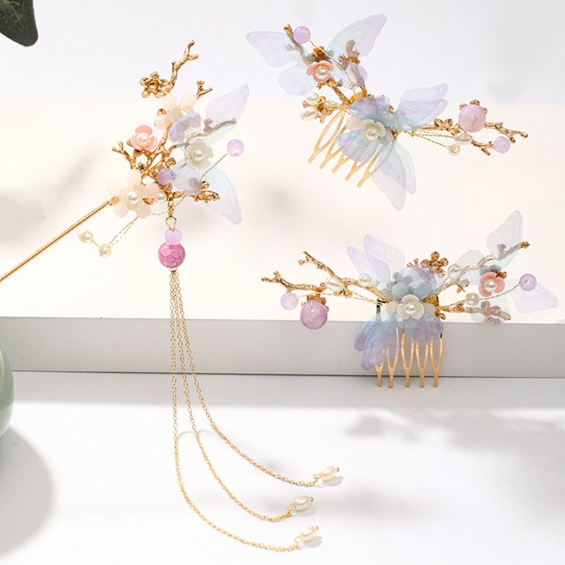 Conjunto de jóias de cabelo artesanal conjunto de jóias de cabelo requintado flor borla hairpin pente de cabelo conjunto de jóias feminino grampo de cabelo acessórios vl