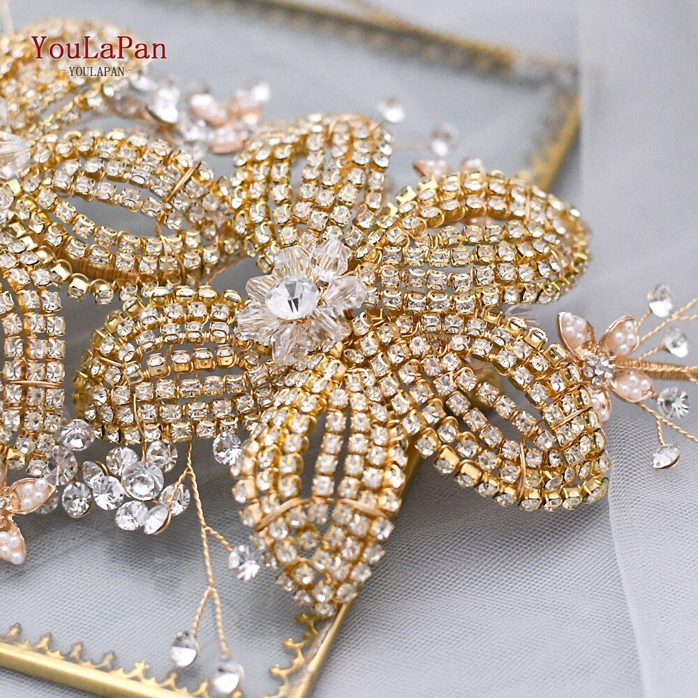 Topqueen ouro casamento liga flor bandana nupcial headpiece strass casamento enfeites de cabelo tiara para as mulheres hp252