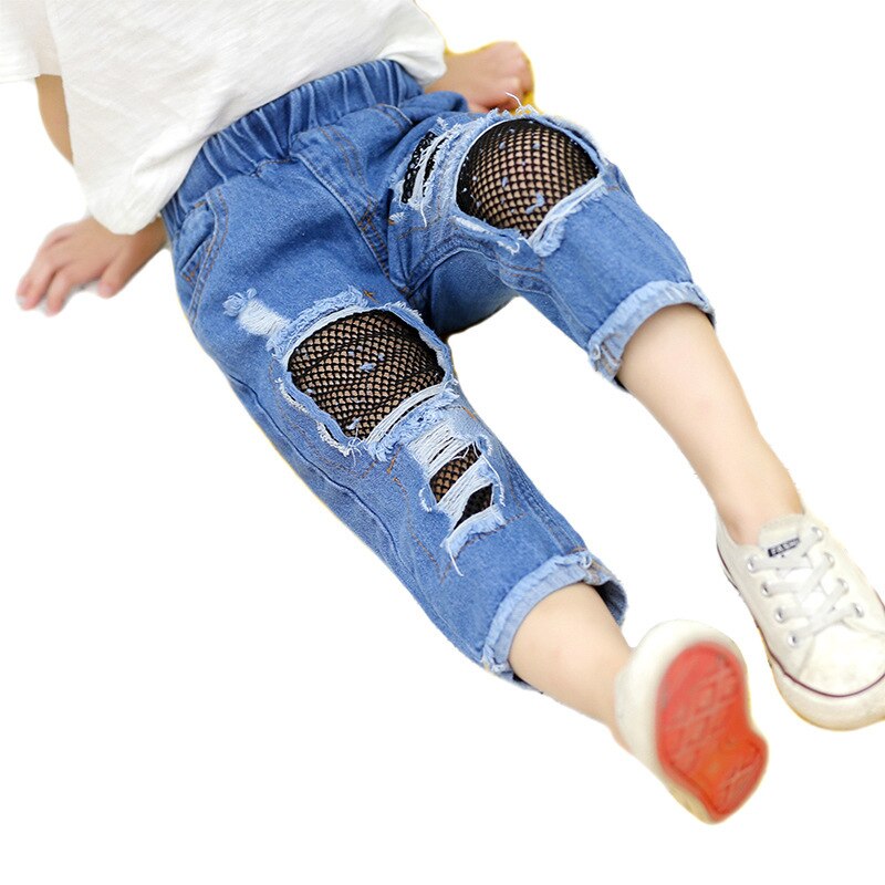 Børne jeans med huller til børn piger ripped mesh jeans sommer baby denim bukser til piger elastiske talje bomuldsbukser