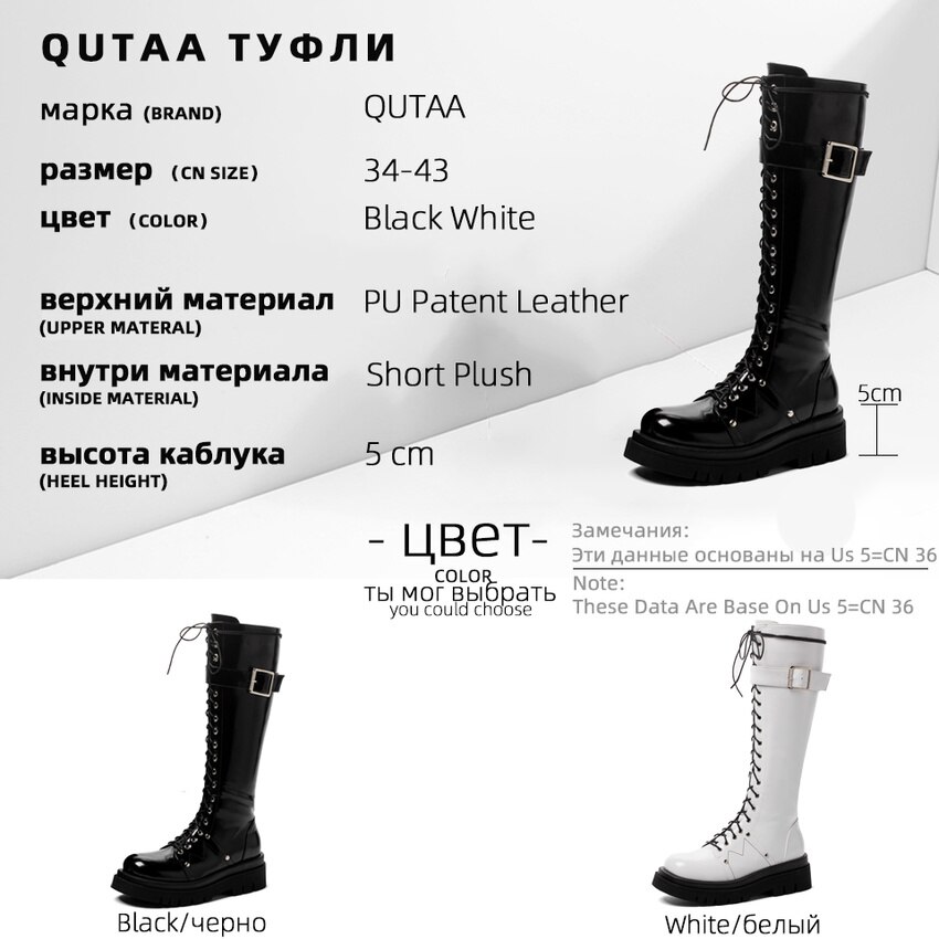 Qutaa lakleren pu kniehoge laarzen met gesp, vetersluiting, rits, vierkante hak, herfst/winter, ronde neus, damesschoenen, maat 34-43