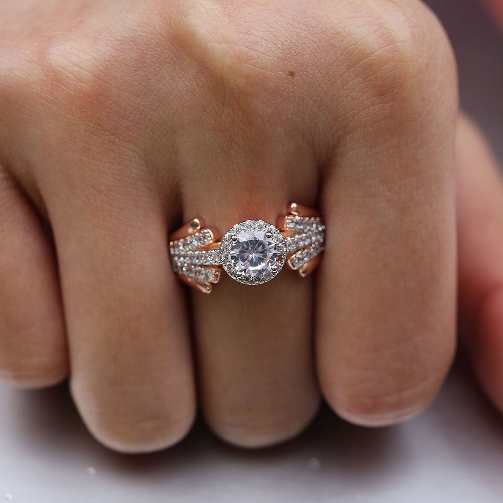 Anel de aniversário de casamento huitan com zircônia cúbica brilhante redonda rosa cor de ouro moda anéis para presente dos namorados feminino