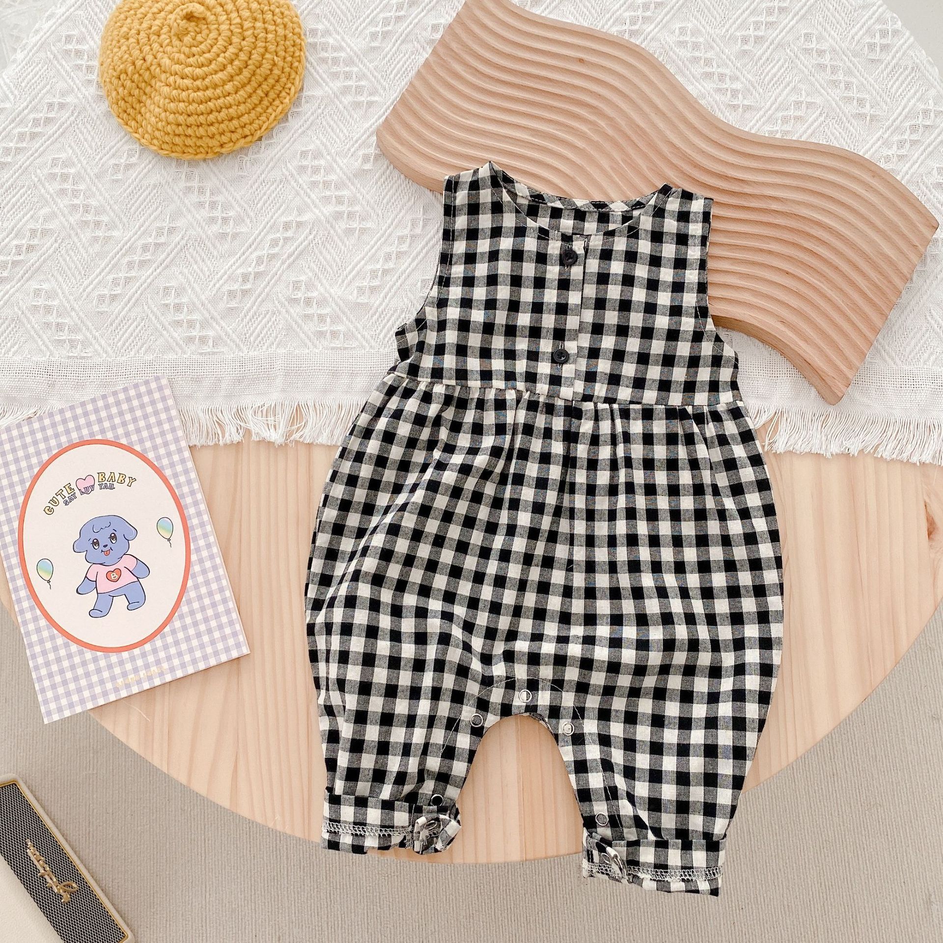 1407C Baby Clothes Check Jumpsuit Spring Summer Newborn Clothes Sleeveless Baby Boy One Piece Clothes Girl&#39;s Overall: Black / 80 for 1y