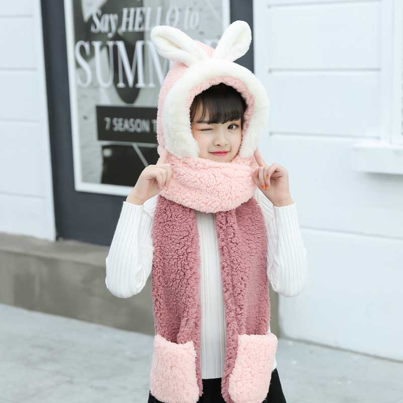Nyeste baby forældre-barn søde kanin øre fløjl vinter dobbelt lag hat + tørklæde + handsker halsvarmer jakkesæt til barn voksen: B-kid