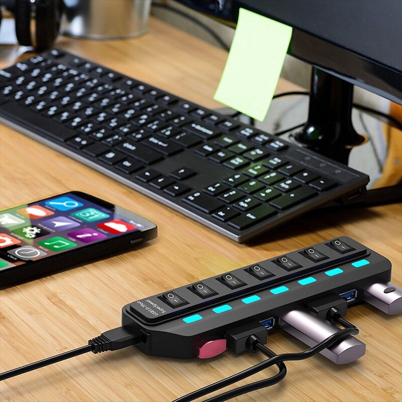 Divisor do cubo 3.0 de usb, cubo de dados de usb de 7 portas com interruptores e luzes individuais de ligar/desligar para o portátil, pc, computador