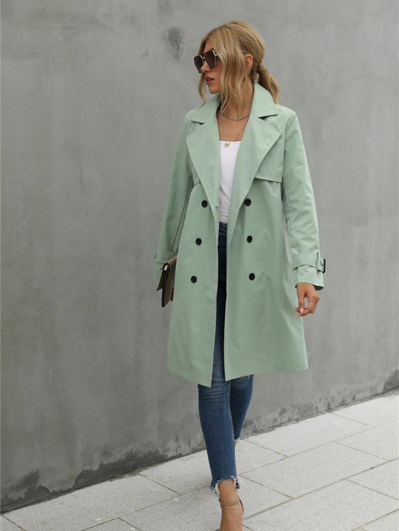 Women Casual Solid Color Coat Adults Autumn Elagant Long Sleeve Lapel NeckDouble Breasted Belted Trench Coat