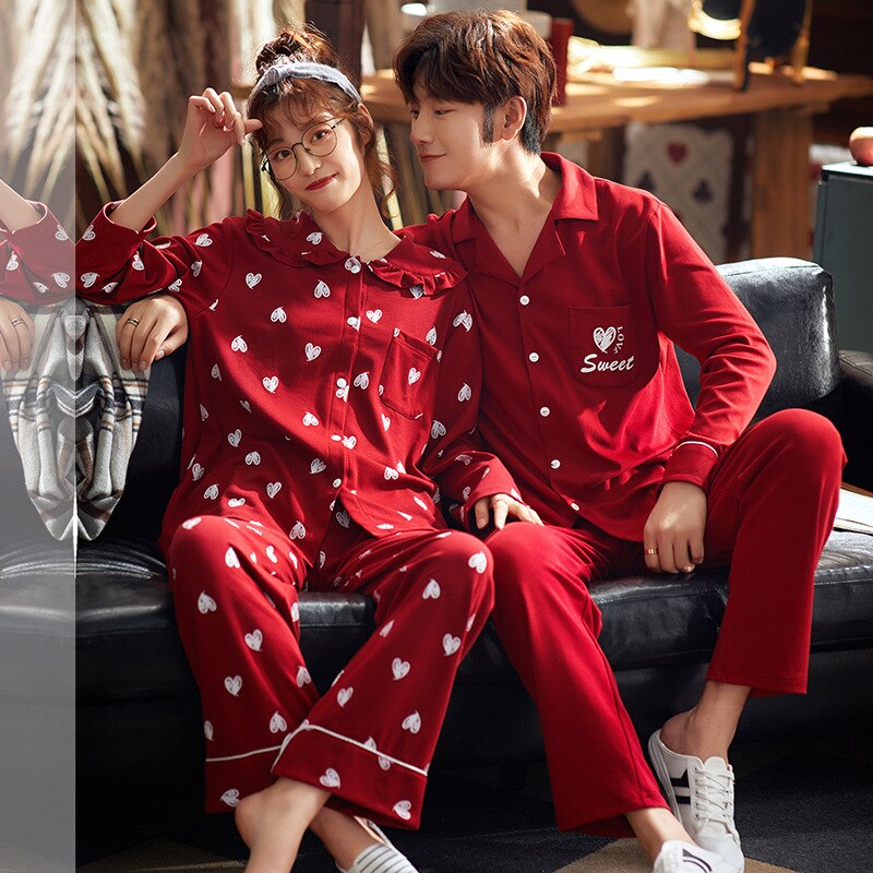 XIFER Autumn Winter Cotton Couple Pajamas Men Women Cotton Long-sleeved Red Wedding Homewear Large Size Love Pattern Pajamas Set