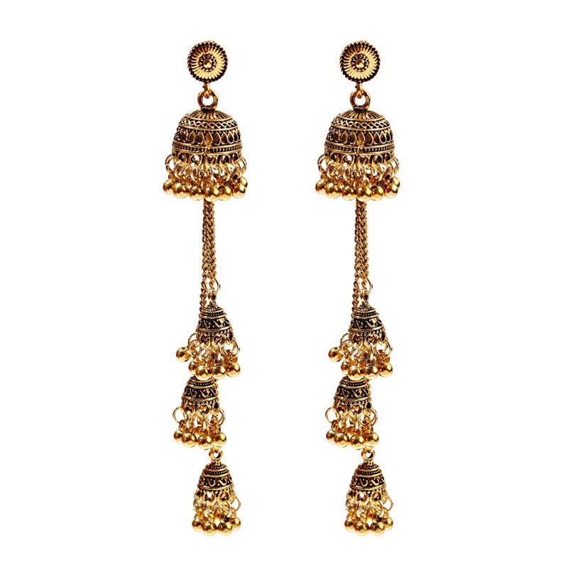 Ethnic Gold Afghan Long Tassel Bead Earrinngs Bollywood Jewellery Bell Jhumka Indian Earrings Wedding Jewelry: Gold