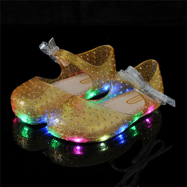 Summer Girls LED Sandals Crystal Shoes Girl Jelly Sandals Children Sandals Baby Jelly Shoes Bow-knot Girls Glowing Luminous Shoe: Gold / 27