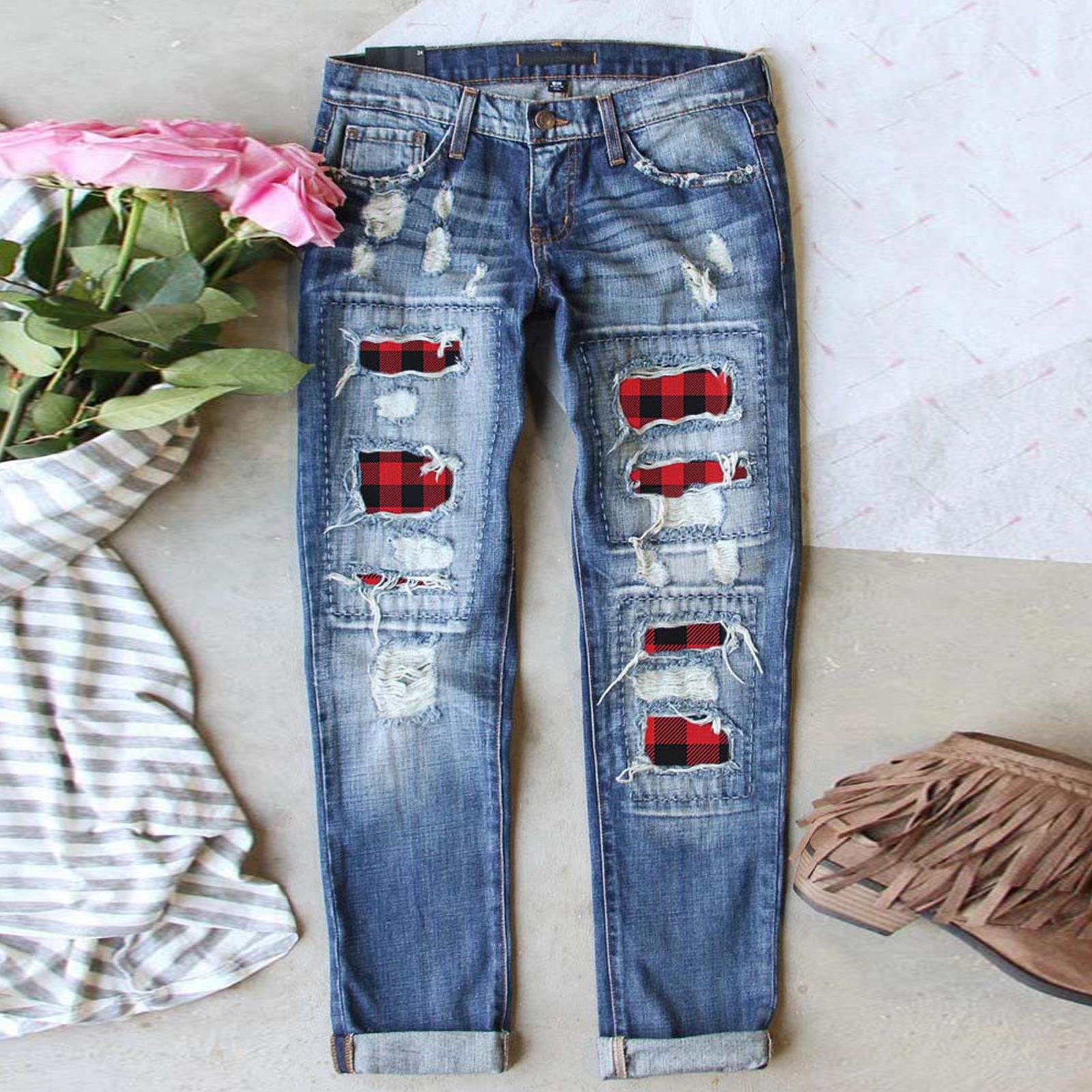 Comfortable Casual Zipper Women Ripped Hole Plaid Patch Patchwork Long Jeans Trousers Pants