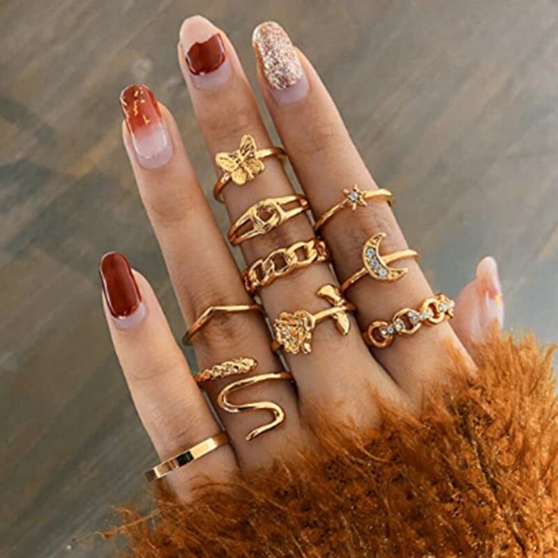 HI MAN 14 Pcs/Set Neo-Gothic Mixed Yin Yang Figure Feather Elephant Star Moon Sun Ring Women Personality Vintage Jewelry