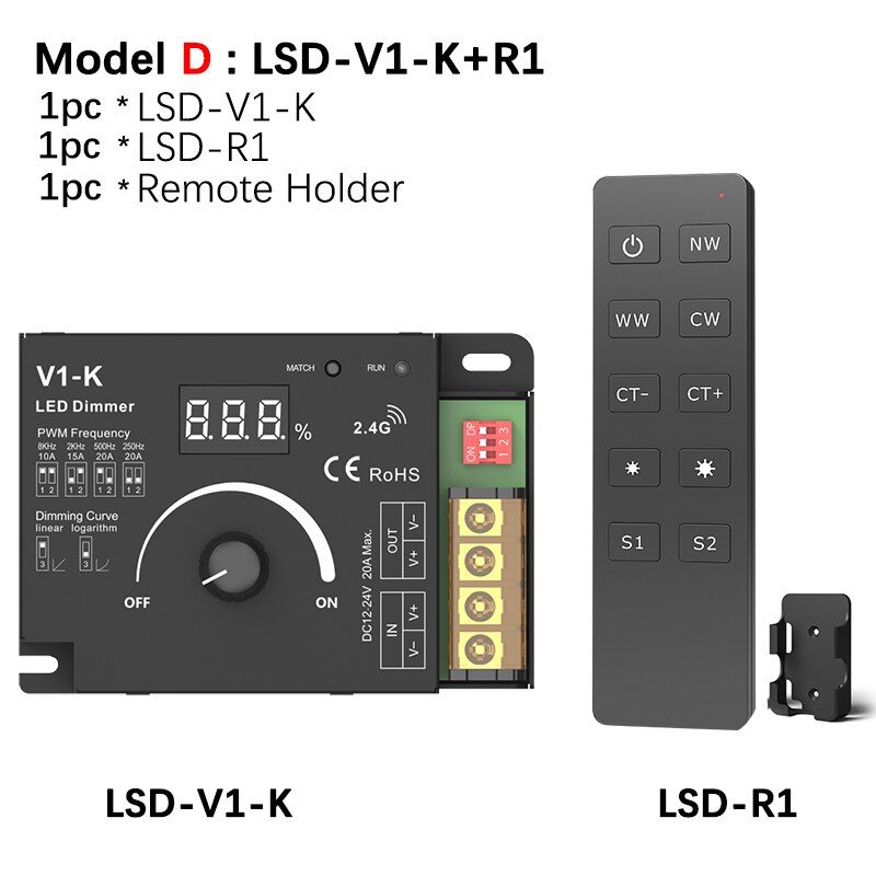 Rotary LED Dimmer DC 12V 24V PWM Wireless Frequency Adjustable 20A Single Color LED Strip Controller Knob 12 Volt Dimmer Switch: Model D