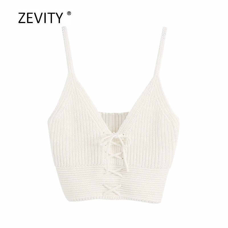 Zevity Vrouwen V-hals Lace Up Boog Gebonden Breien Sling Trui Vrouwelijke Basic Spaghetti Bandje Korte Vest Truien Chic Crop tops S315: CBRL S315W / L