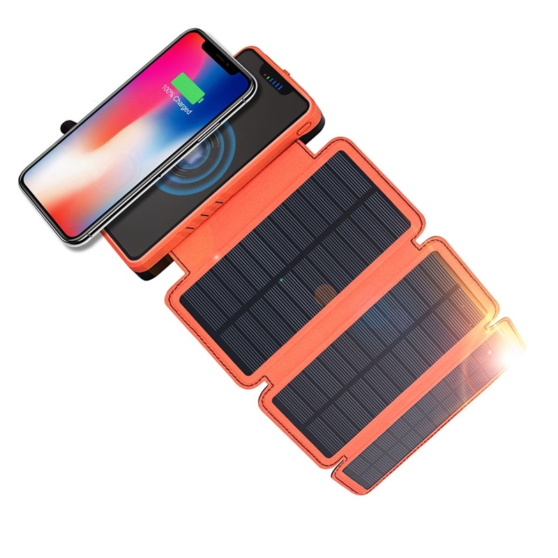 Powerbank qi com painel solar sem fio, 20000mah, carregador sem fio para iphone 11 pro, x, xs, 8, samsung, xiaomi, com lanterna