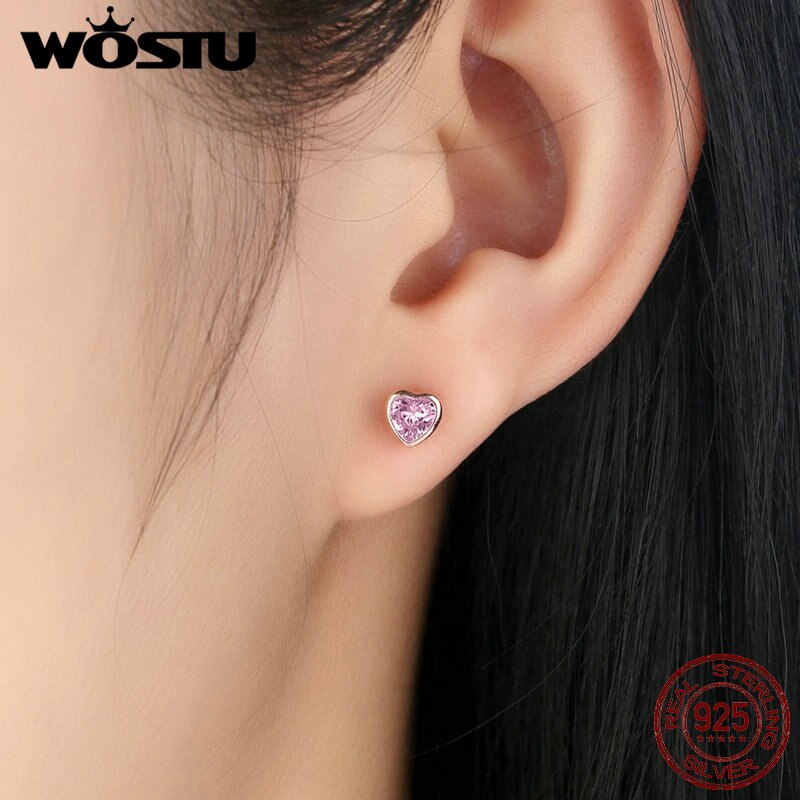 WOSTU Authentische 925 Sterling Silber Rose Gold Herz Stud Ohrringe Für Frauen Funkelnden Rosa CZ Schmuck Silber Party