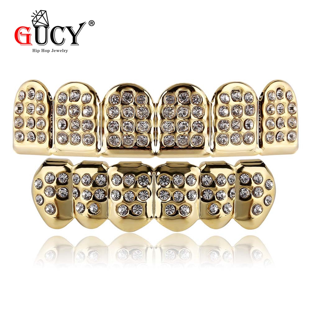 GUCY Hip Hop Gold Teeth Grills Top &Bottom Iced Out Bling Grillz Dental Shiny Mouth Teeth Caps Party Vampire Tooth Jewelry Party