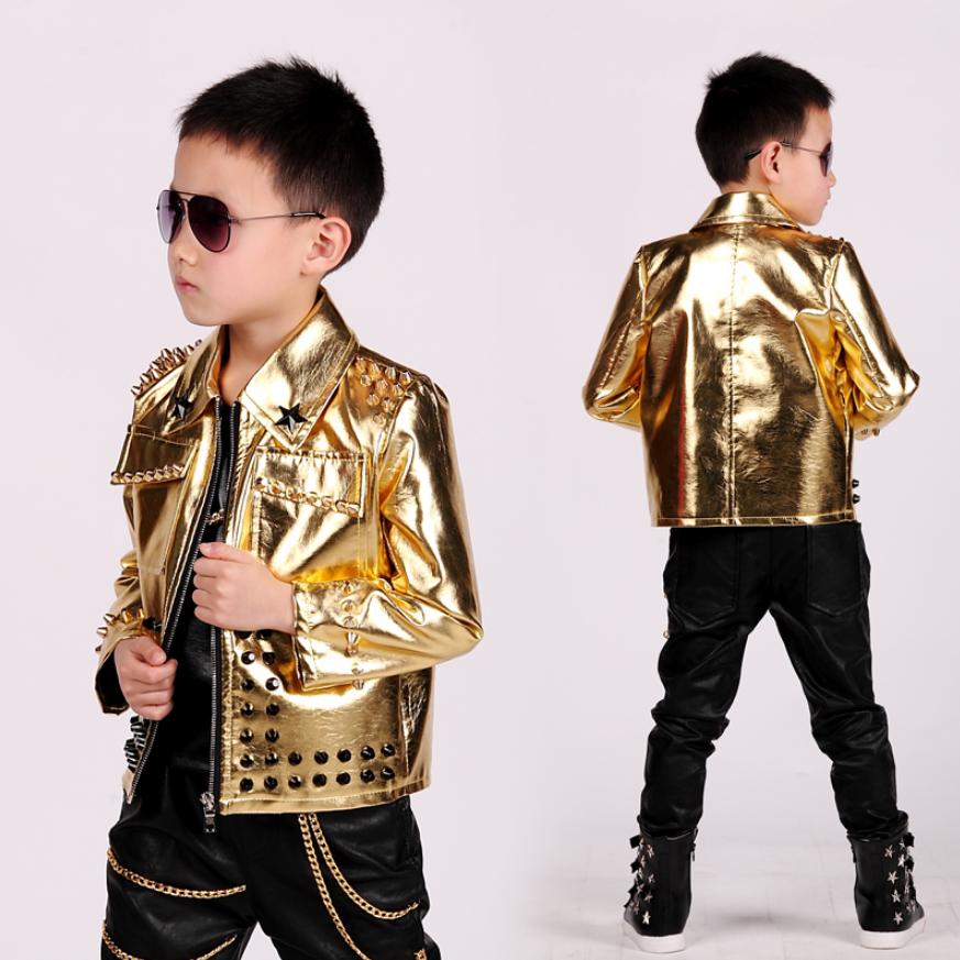 Baby boy clothes Gold children leather jacket rivet zipper stage dance clothes modis kids Hip hop outerwear Y1232