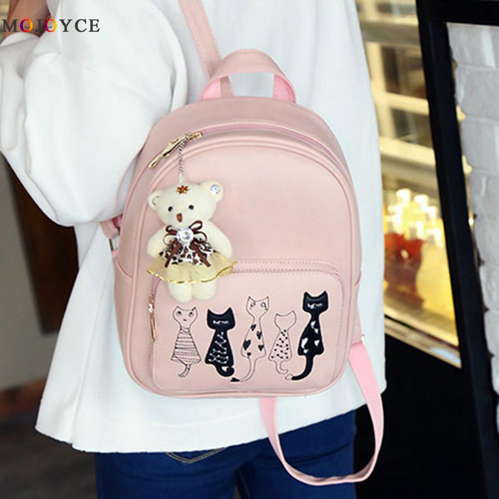 4Pcs/Set Small Backpacks female School Bags For Teenage Girls Black Pink PU Leather Women Backpack Shoulder Bag Purse Mochila