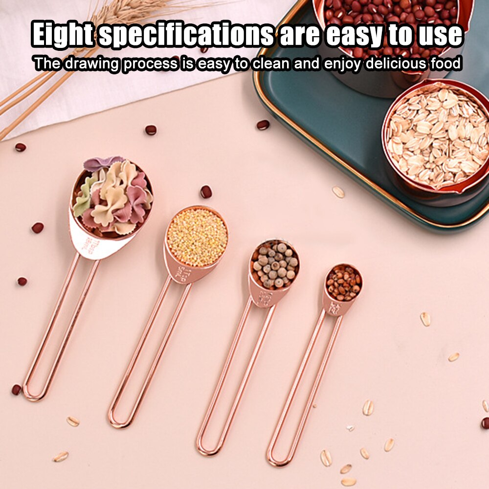 8PCS/Set Stainless Steel Measuring Spoon Set with Scale Rose Gold Measurement Tea Coffee Measuring Tool Accessories Baking